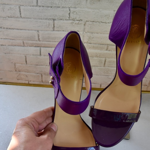 Medusa Aevitas embellished platform sandals in purple  Versace Double Stacked Purple Platform Heels